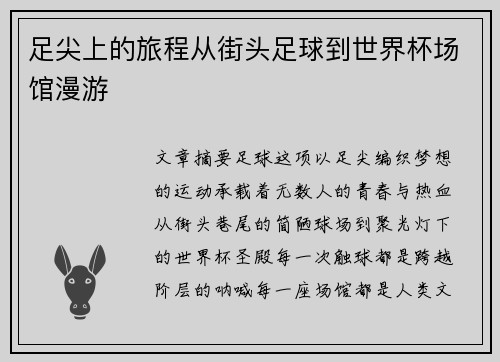足尖上的旅程从街头足球到世界杯场馆漫游